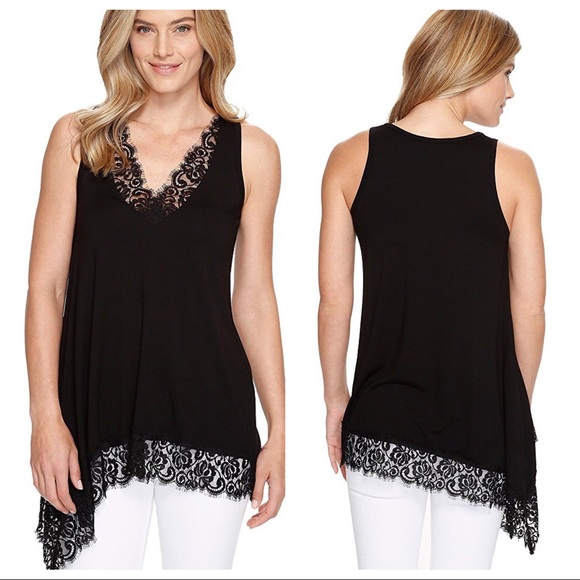Karen Kane Tops - Karen Kane Lace Trim Asymmetrical Top